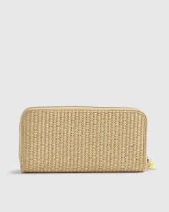 Beige Floral Embroidery Raffia Purse