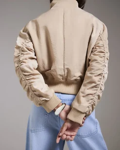 Beige Funnel Neck Bomber Jacket