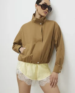 Beige Funnel Neck Bubble Hem Bomber Jacket