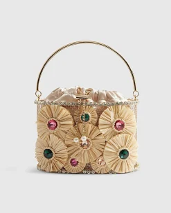 Beige Gem Raffia Flower Basket Bag