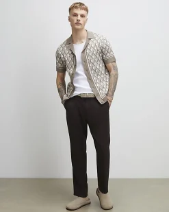 Beige Geometric Knitted Short Sleeve Shirt