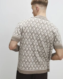 Beige Geometric Knitted Short Sleeve Shirt