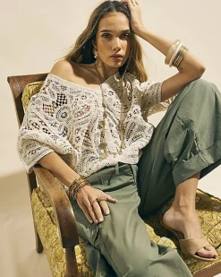 Beige Knitted Crochet Short Sleeve Cardigan