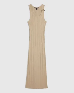 Beige Knitted Ribbed Midi Dress
