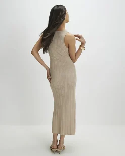 Beige Knitted Ribbed Midi Dress