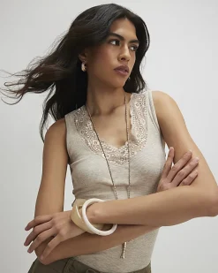 Beige Lace Trim Tank Top