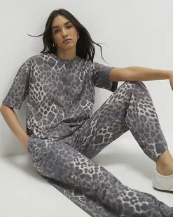 Beige Leopard Drawstring Wide Leg Joggers