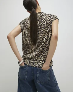 Beige Leopard Print Crinkle Plisse Top