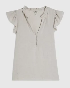 Beige Linen Blend Frill Sleeve Blouse