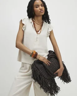 Beige Linen Blend Frill Sleeve Blouse