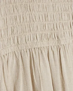 Beige Linen Blend Shirred Midi Dress