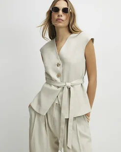 Beige Linen Blend Sleeveless Tie Waist Top