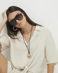 Beige Linen Blend Tie Front Shirt