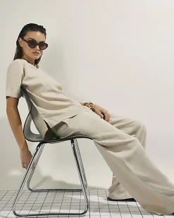 Beige Linen Blend Wide Leg Trousers
