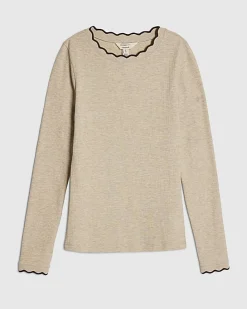 Beige Long Sleeve Scallop Trim Top