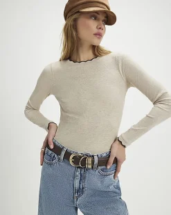 Beige Long Sleeve Scallop Trim Top