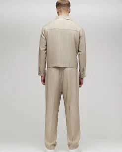 Beige Loose Fit Pinstripe Trousers
