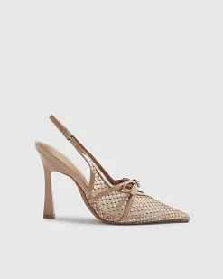 Beige Mesh Bow Sling Back Heels