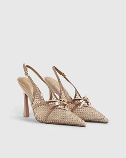 Beige Mesh Bow Sling Back Heels