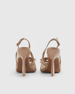 Beige Mesh Bow Sling Back Heels