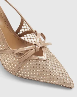 Beige Mesh Bow Sling Back Heels
