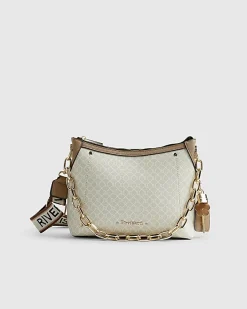 Beige Monogram Chain Front Crossbody Bag
