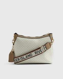 Beige Monogram Chain Front Crossbody Bag