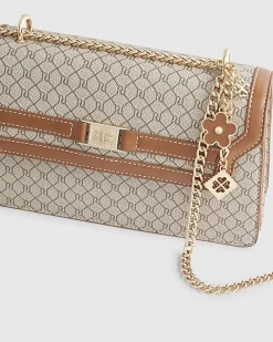 Beige Monogram Print Charm Shoulder Bag