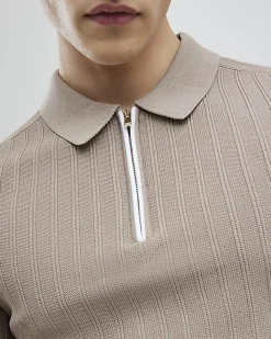 Beige Muscle Fit Rib Polo Shirt