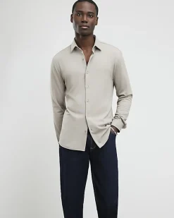 Beige Muscle Fit Stretch Pique Smart Shirt