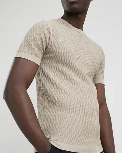 Beige Muscle Fit Zig Zag Texture T-shirt