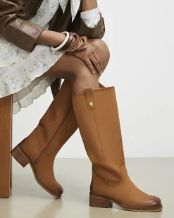 Beige Nubuck Leather Knee High Boots