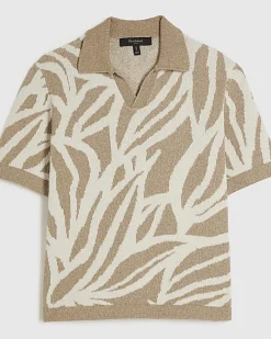 Beige Open Collar Botanic Knit Top