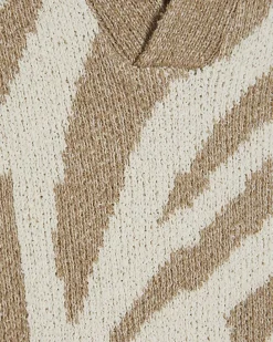 Beige Open Collar Botanic Knit Top