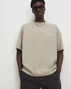 Beige Oversized Fit Midweight Graphic T-Shirt