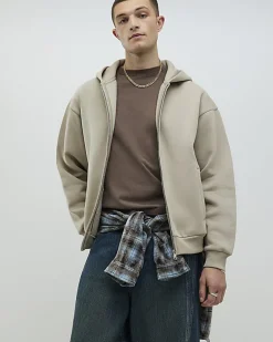 Beige Oversized Fit Zip Through Hoodie