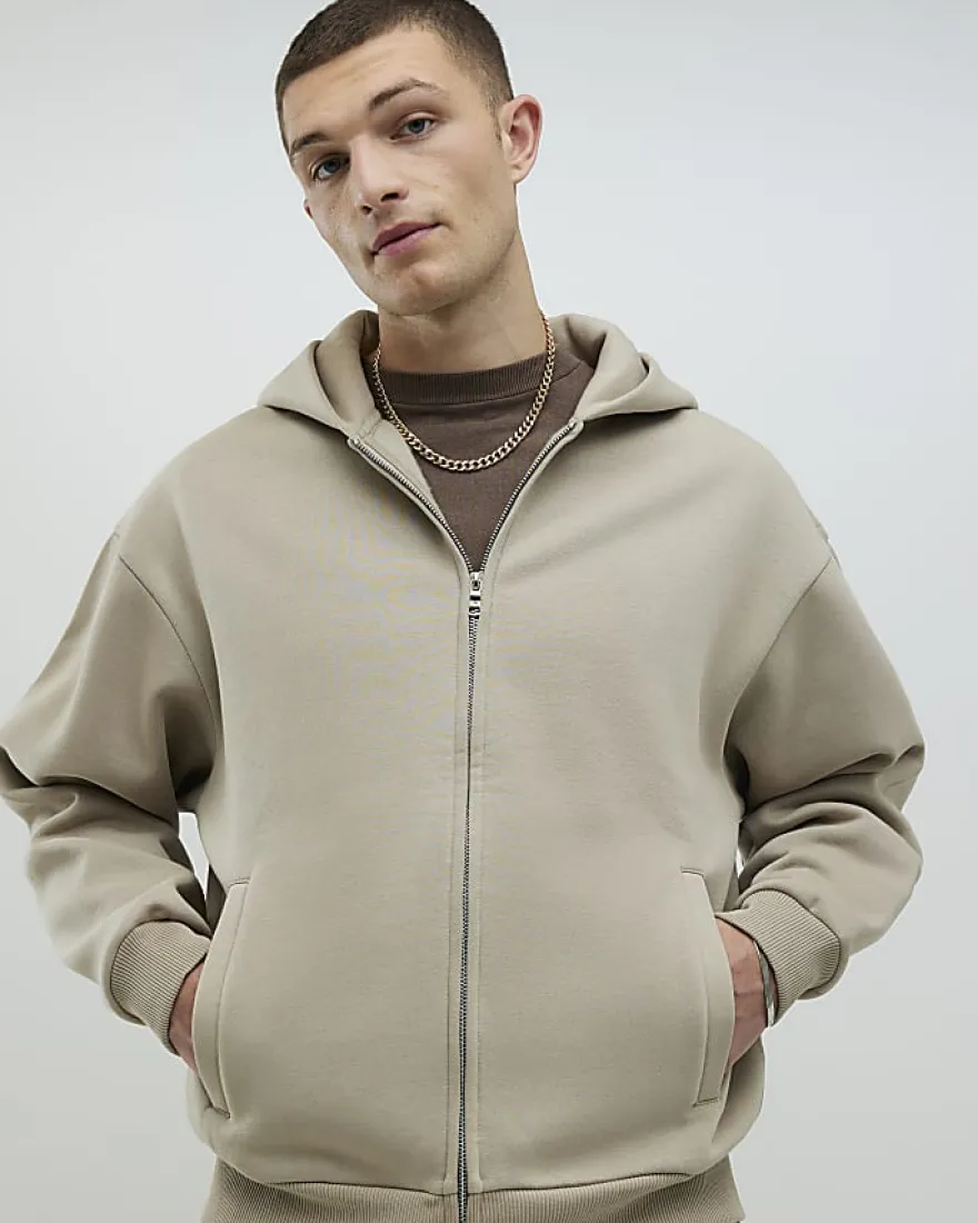 Beige Oversized Fit Zip Through Hoodie