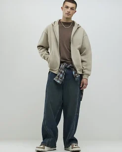 Beige Oversized Fit Zip Through Hoodie
