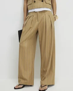Beige Pinstripe Wide Leg Trousers