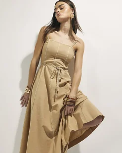 Beige Piped Rope Belted Midi Dress
