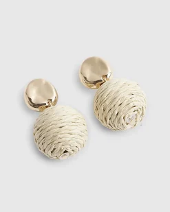 Beige Raffia Bead Ball Stud Earrings