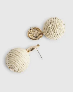 Beige Raffia Bead Ball Stud Earrings