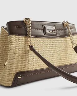 Beige Raffia Chain Handle Shoulder Bag