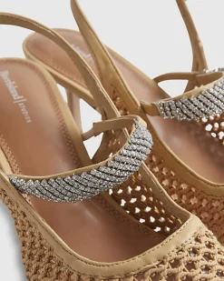 Beige Raffia Diamante Slingback Heels