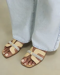 Beige Raffia H Strap Flat Sandals