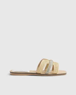 Beige Raffia H Strap Flat Sandals