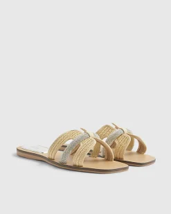 Beige Raffia H Strap Flat Sandals