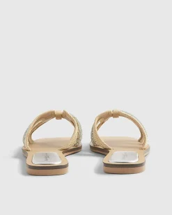 Beige Raffia H Strap Flat Sandals