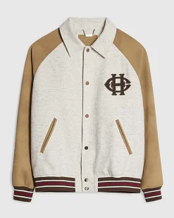 Beige Raffia Textured Varsity Jacket