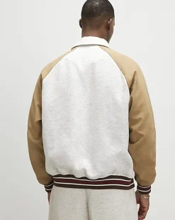 Beige Raffia Textured Varsity Jacket